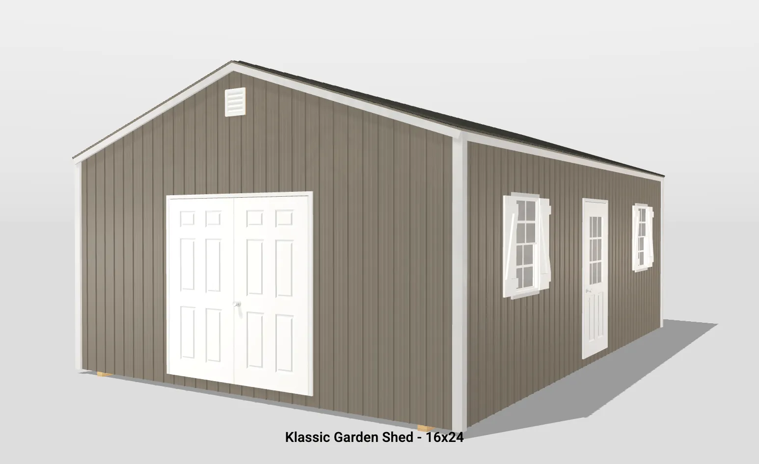 16x24 brown garden shed with white trim.