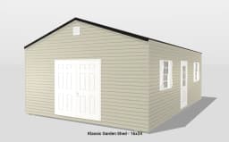 Beige garden shed with double doors and windows.