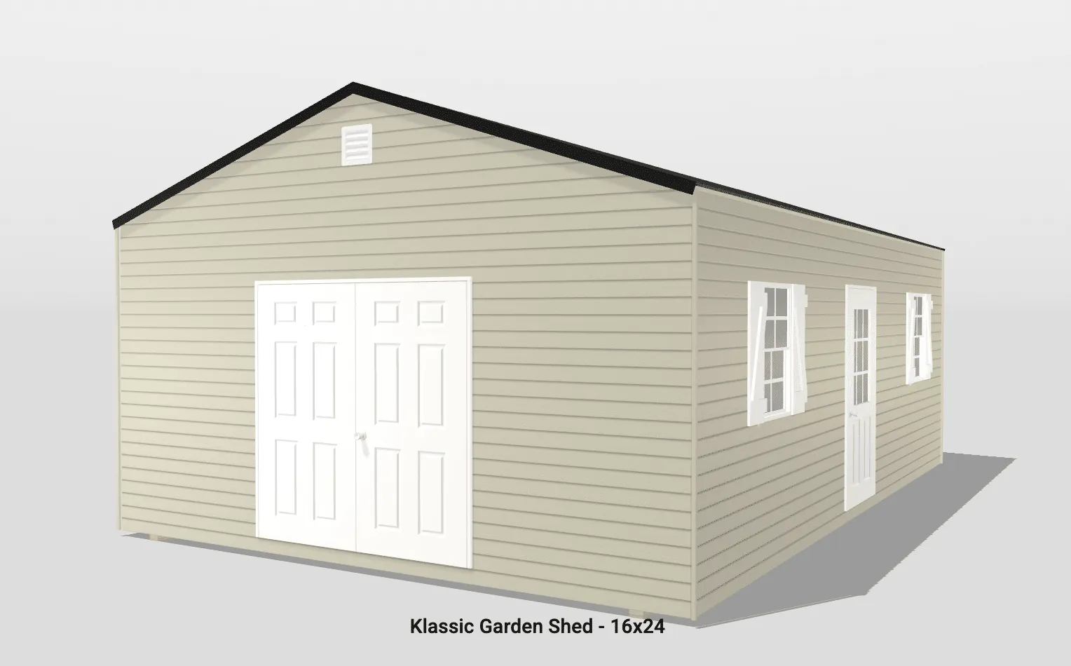Beige garden shed with double doors and windows.