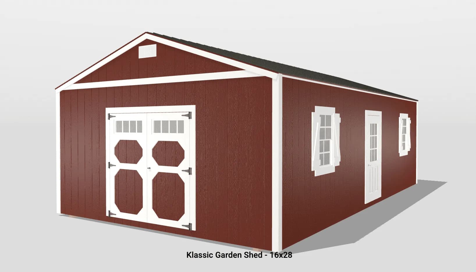 Red garden shed with white doors and windows