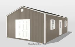16x28 garden shed in brown with white accents
