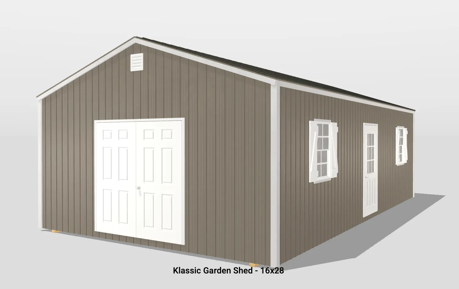 16x28 garden shed in brown with white accents