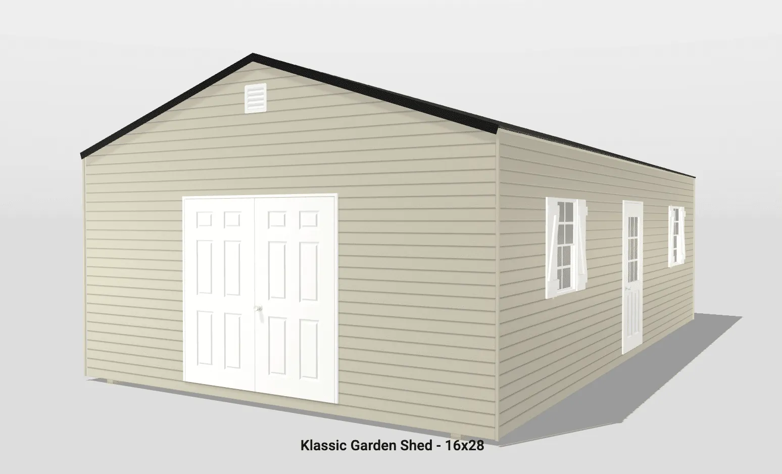 Beige Klassic garden shed with double white doors.