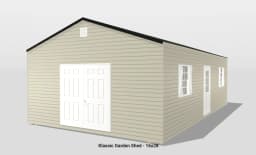 Beige Klassic garden shed with double white doors.