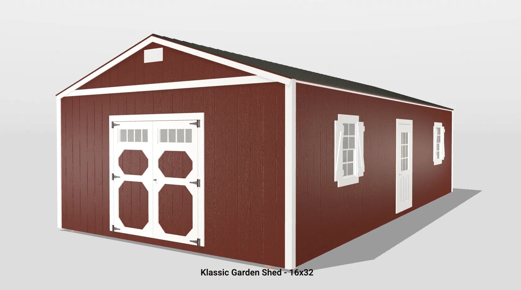 Red garden shed with white trim, 16x32 dimensions.