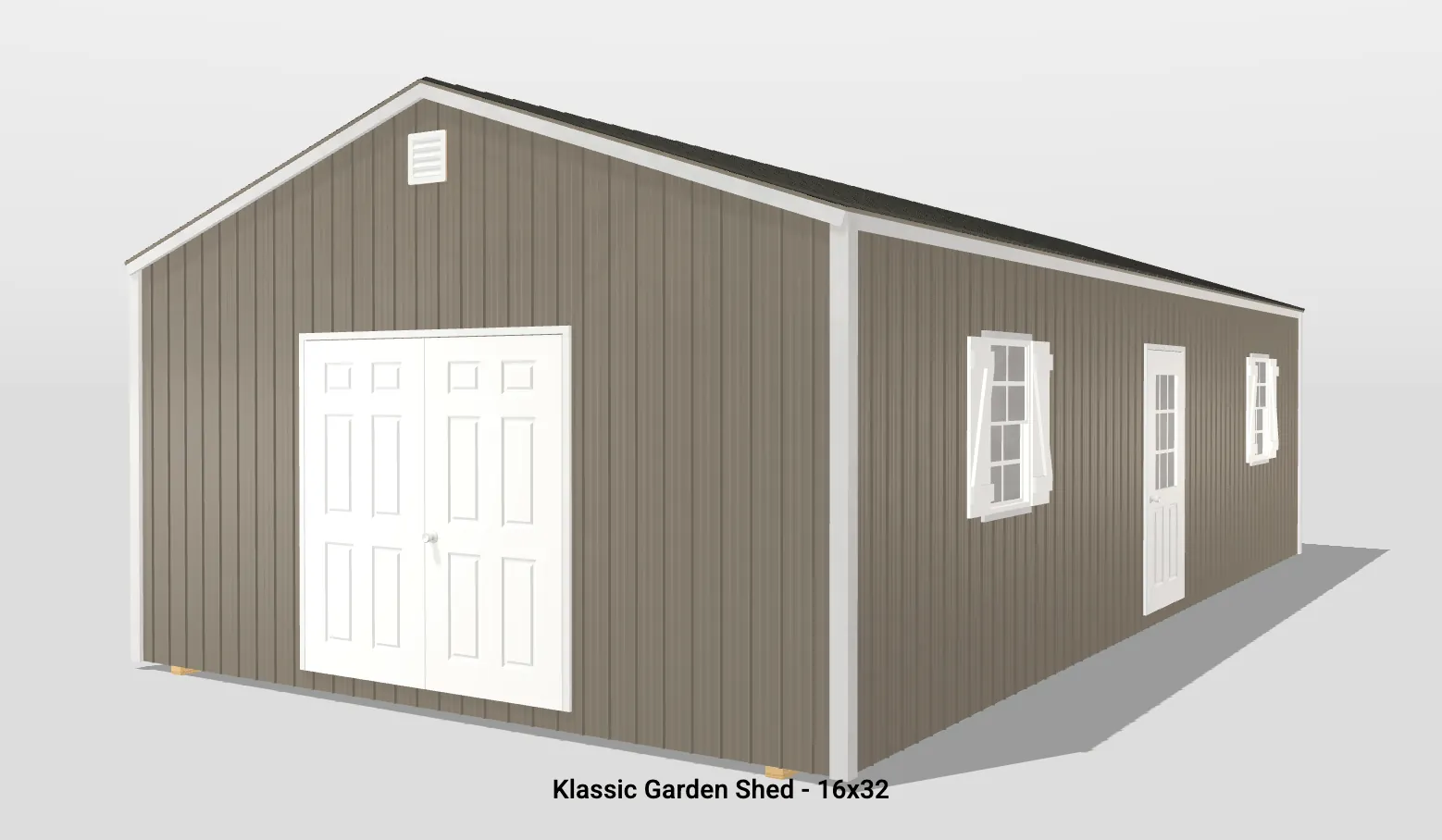 Brown garden shed with white doors and windows.