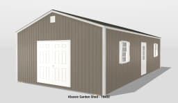 Brown garden shed with white doors and windows.