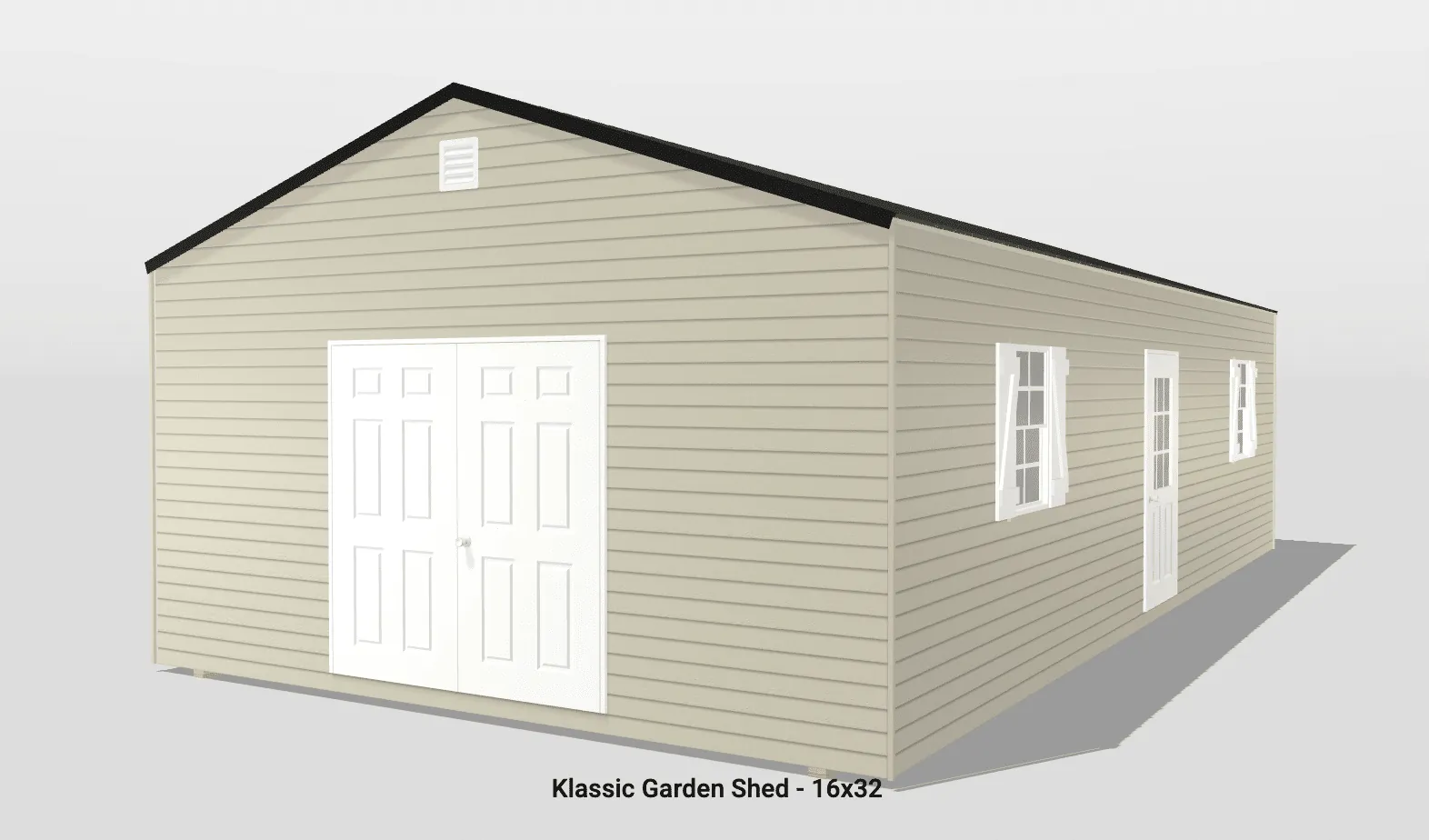 Beige garden shed with white doors, 16x32 size.