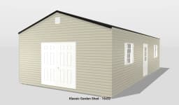 Beige garden shed with white doors, 16x32 size.