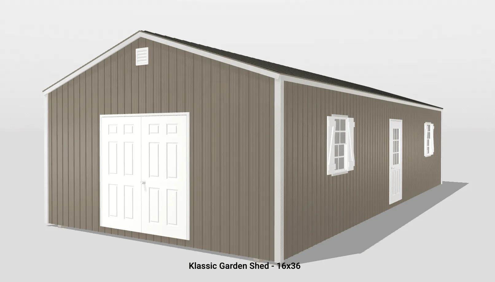 Klassic Garden Shed 16x36, brown exterior view.
