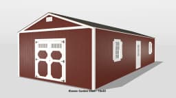Red classic garden shed with white trim