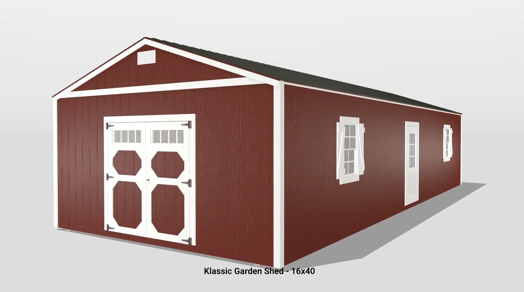 Red classic garden shed with white trim