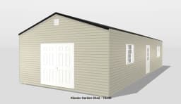 Classic garden shed with white doors and windows.