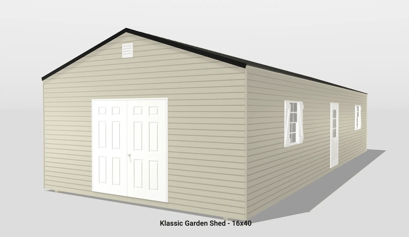 Classic garden shed with white doors and windows.