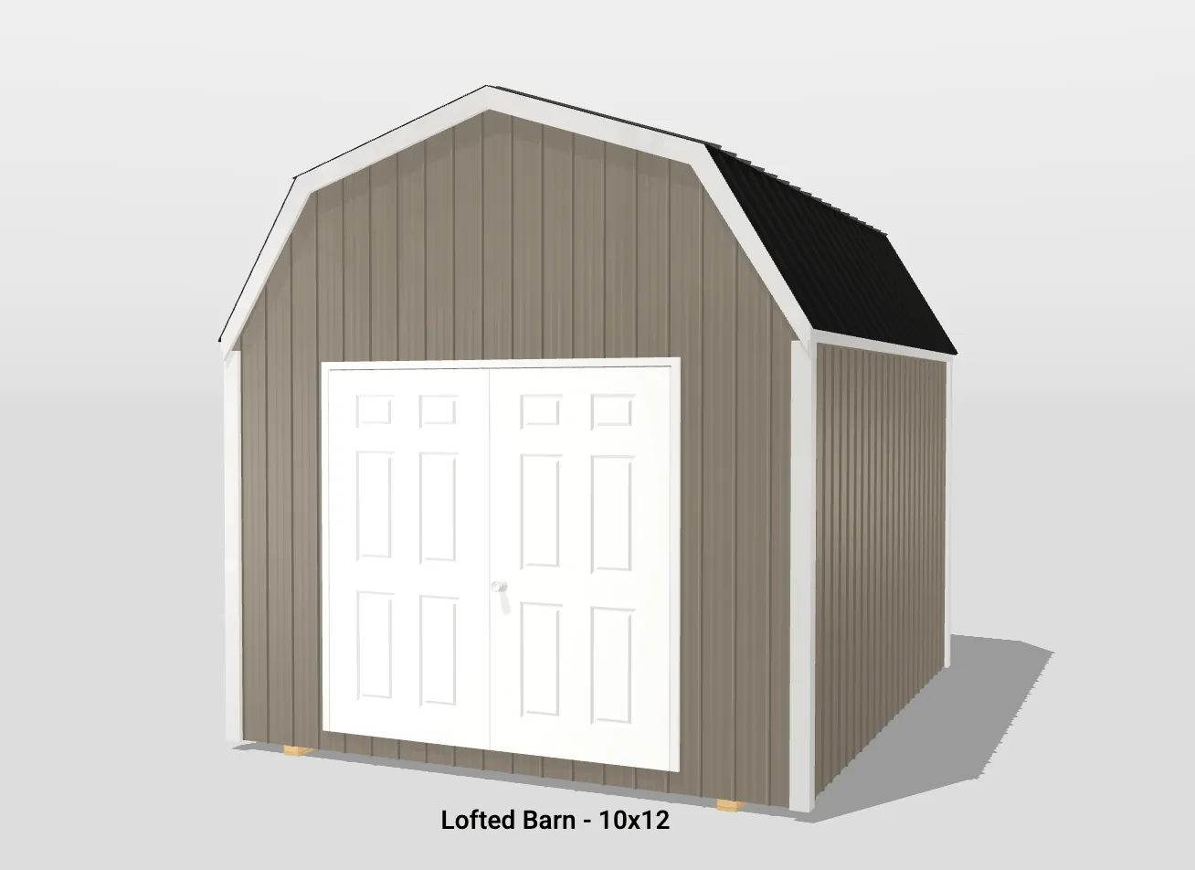 Lofted barn with double white doors, 10x12