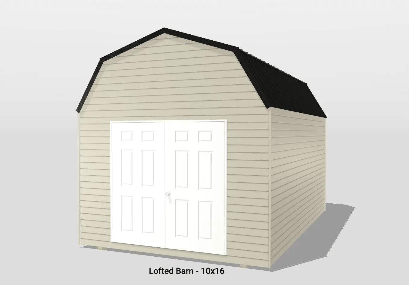 10x16 lofted barn with white double doors.