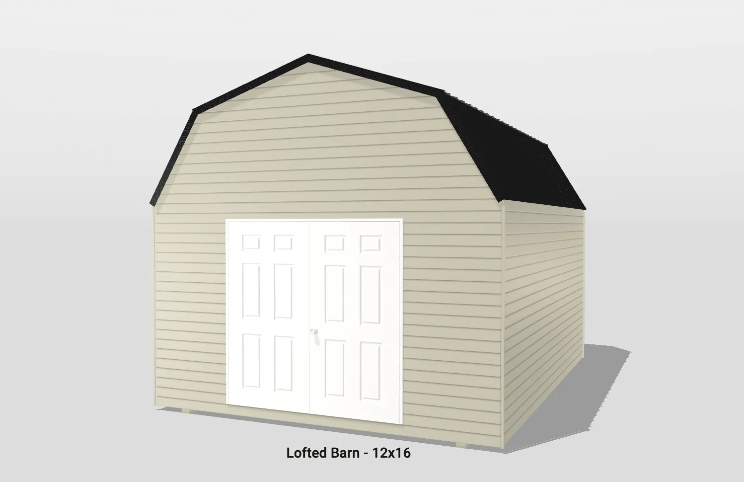 3D rendering of beige lofted barn, 12x16 size.