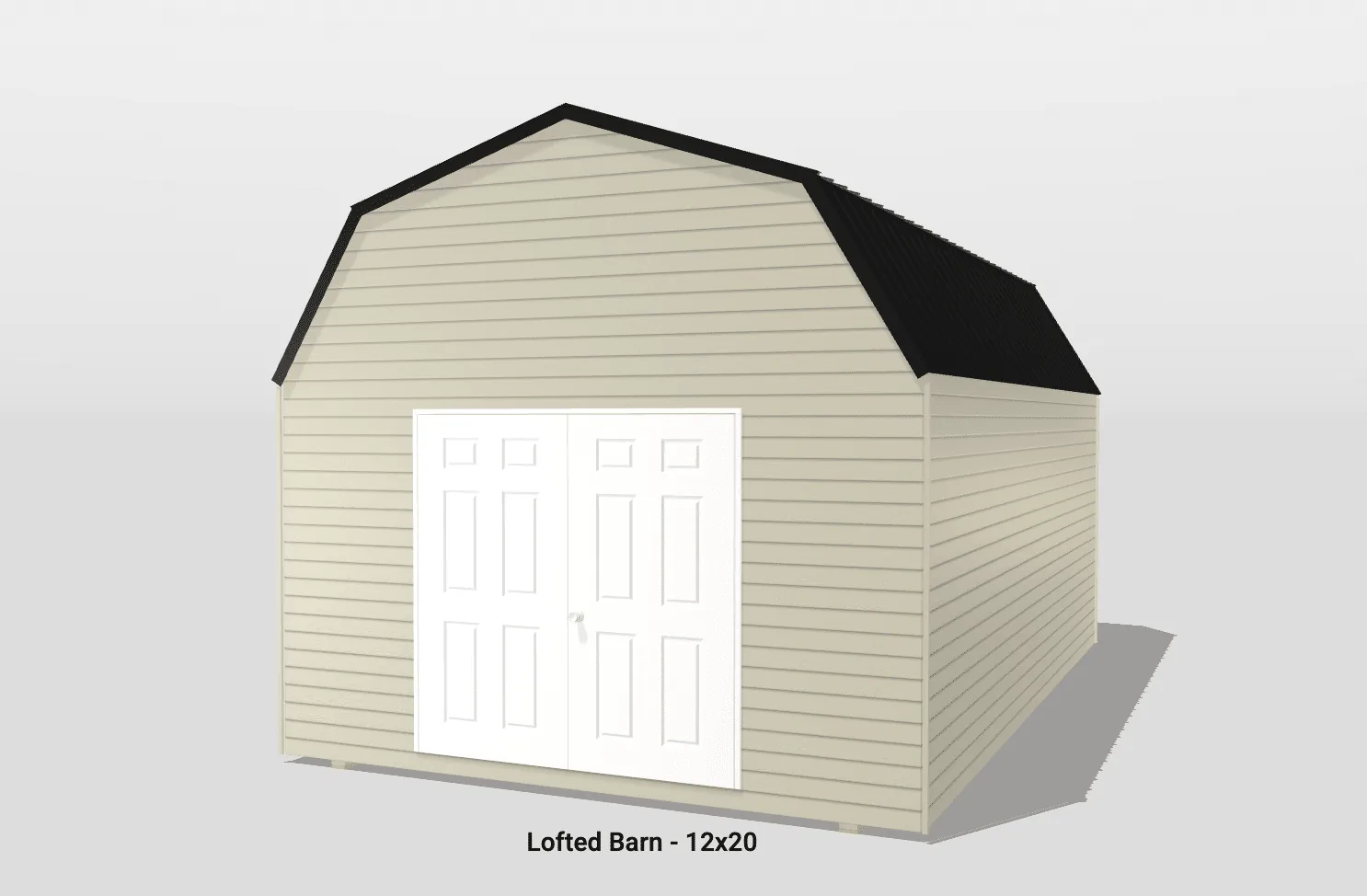 Lofted barn exterior with double doors, 12x20 size.