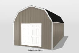 Lofted barn, beige, white doors, black roof, 12x24.