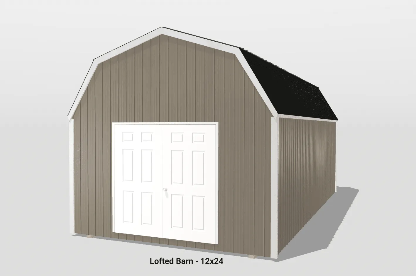 Lofted barn, beige, white doors, black roof, 12x24.