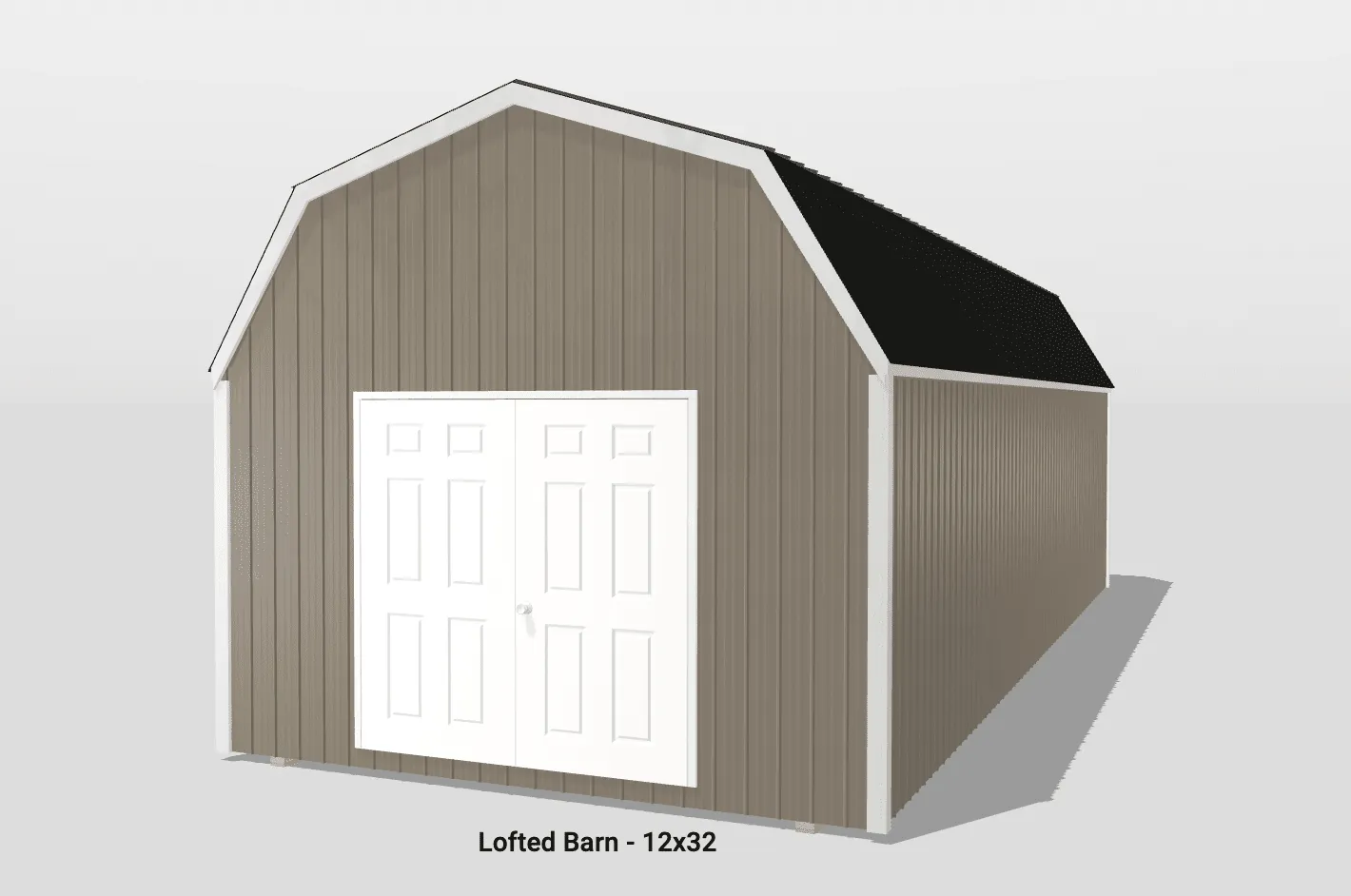 Lofted barn with double doors and ribbed metal roof