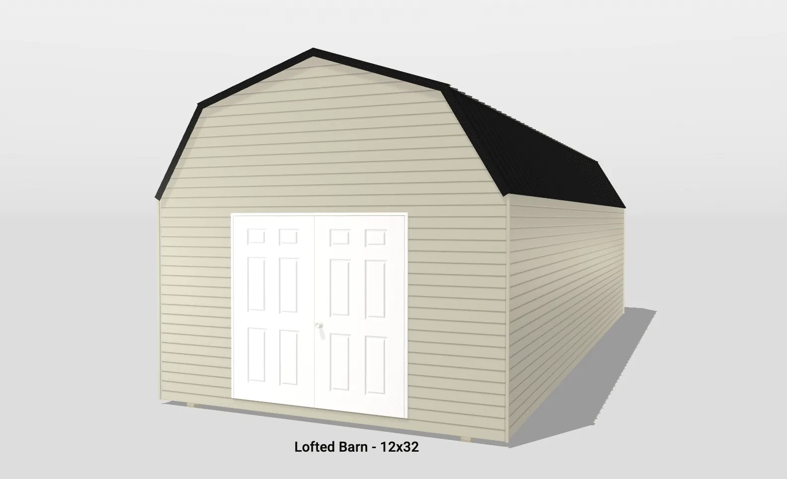 12x32 beige lofted barn with white doors