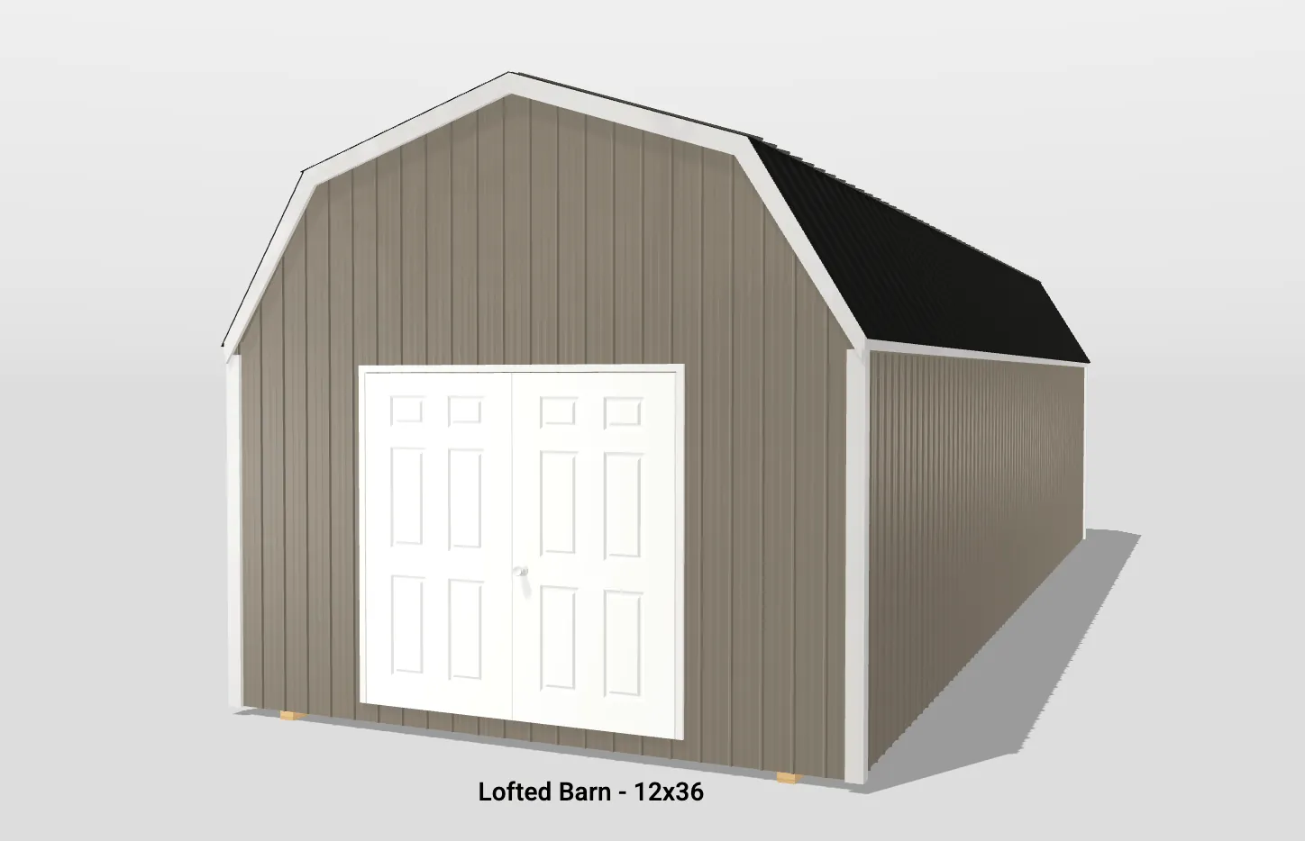 Lofted barn with double doors, 12x36 dimensions.