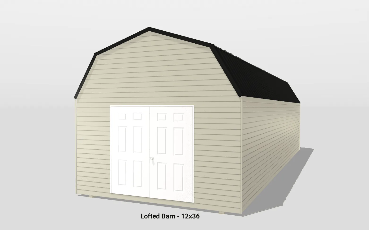 Beige lofted barn with double doors, 12x36 size.