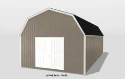 Lofted barn building, beige with white doors.