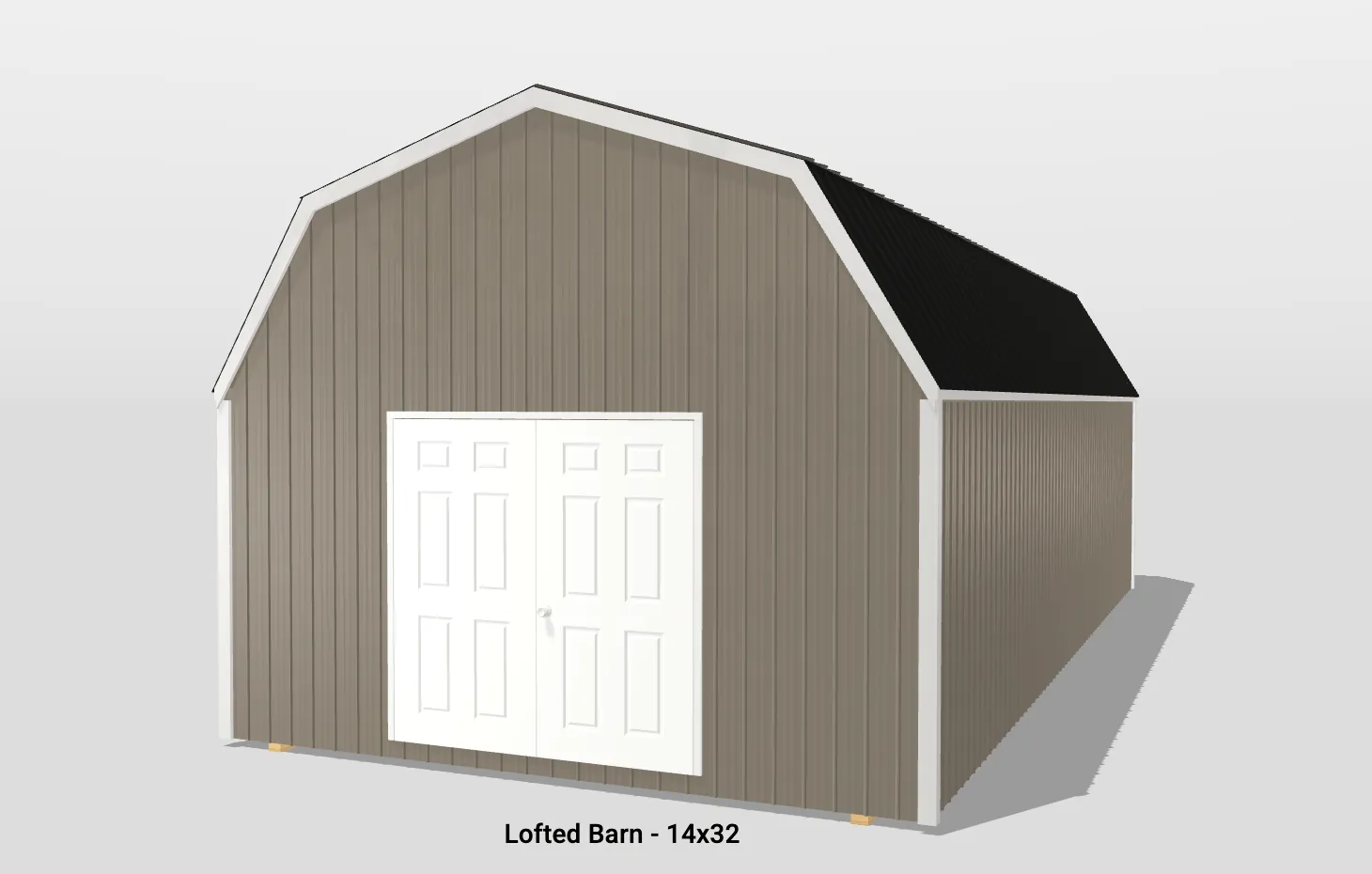 Lofted barn building, beige with white doors.