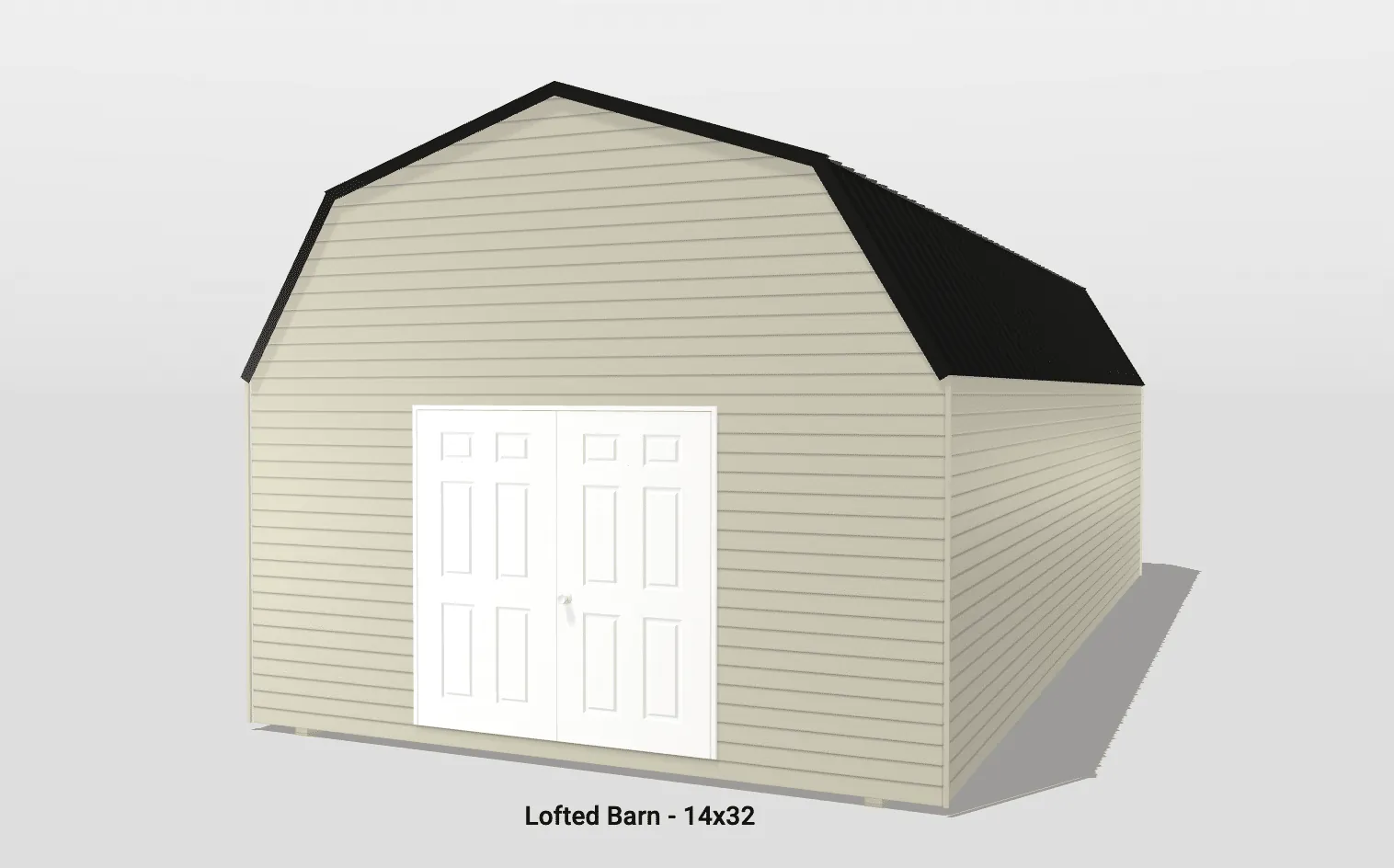 Lofted barn with beige siding and white doors.