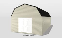 Lofted barn with beige siding and white doors.