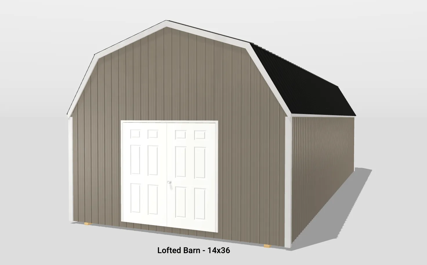 Lofted barn building, size 14x36, brown exterior.