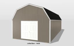 Lofted barn building, size 14x36, brown exterior.