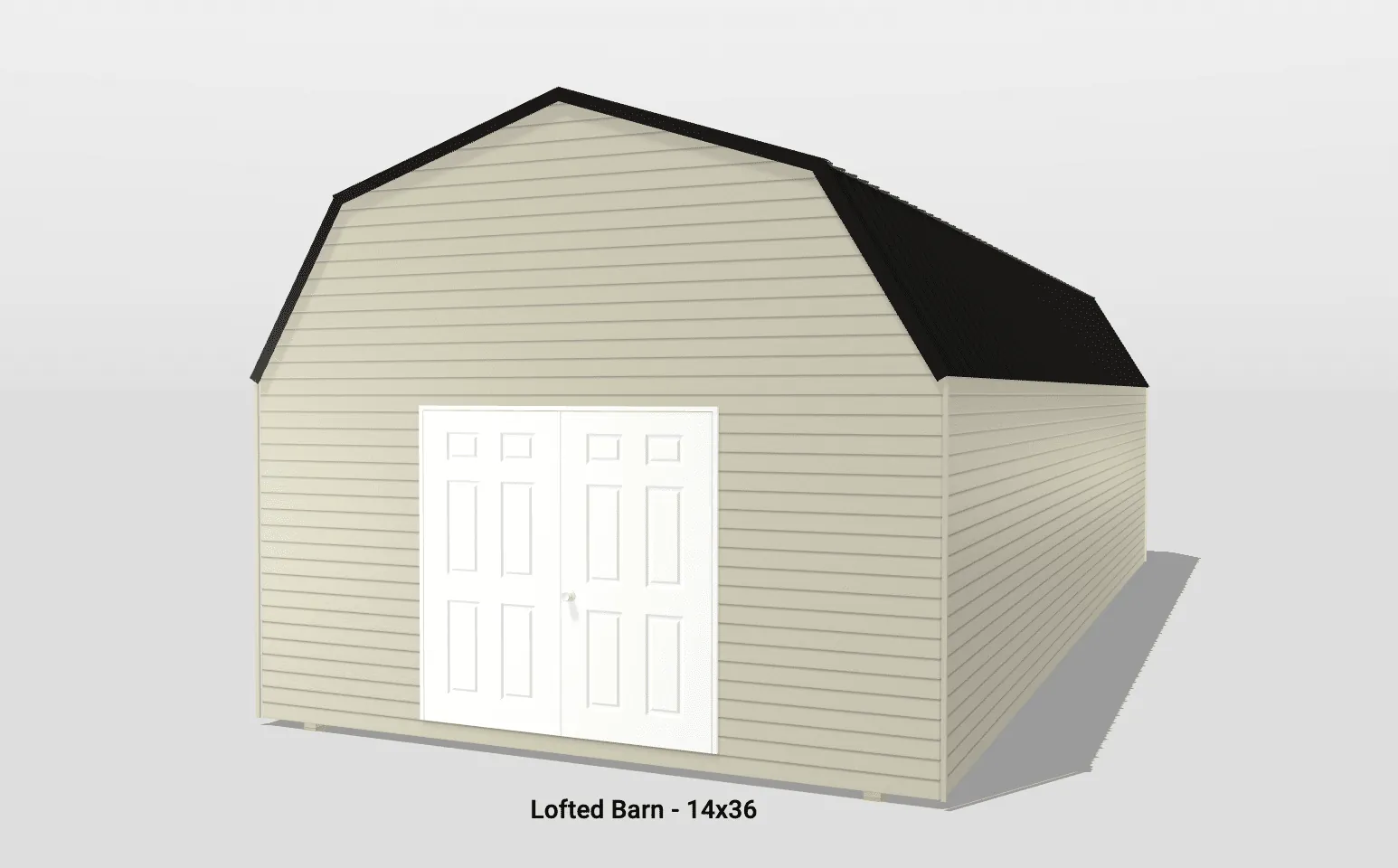 Lofted barn with double doors, gray siding.