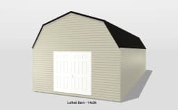 Lofted barn with double doors, gray siding.