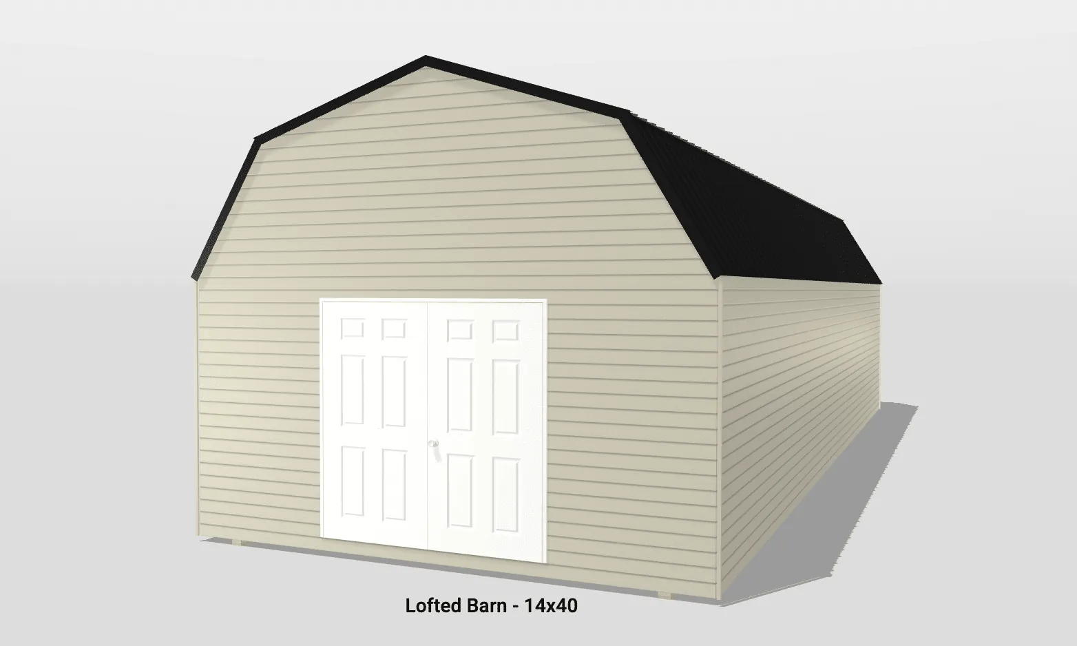 Taupe loofed barn with white double doors.