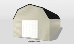 Taupe loofed barn with white double doors.