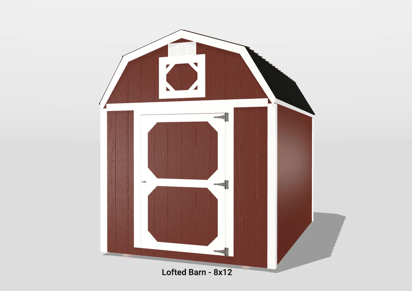 Red wooden barn with white trim, 8x12 size.
