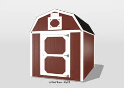Red wooden barn with white trim, 8x12 size.