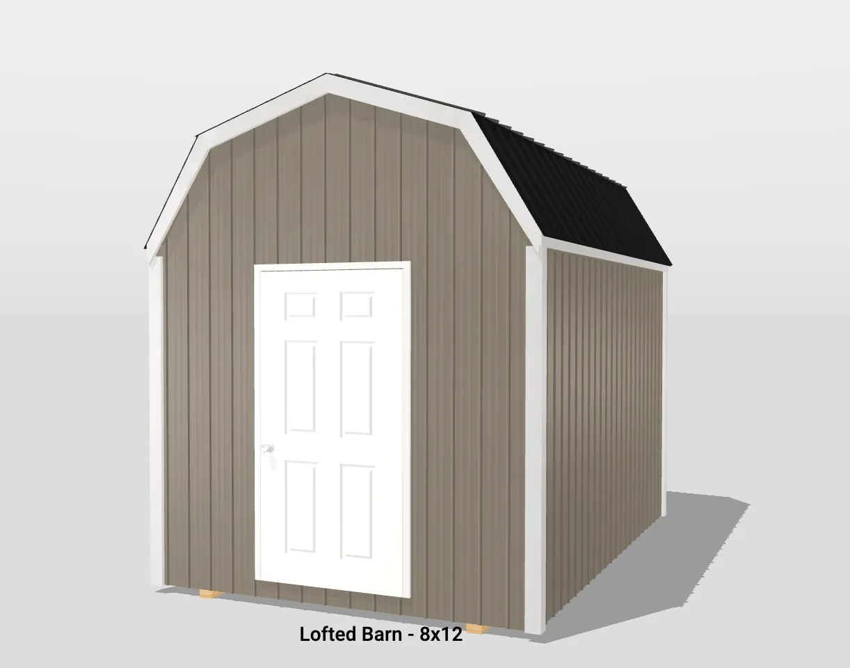 Lofted barn with gable roof and white door.