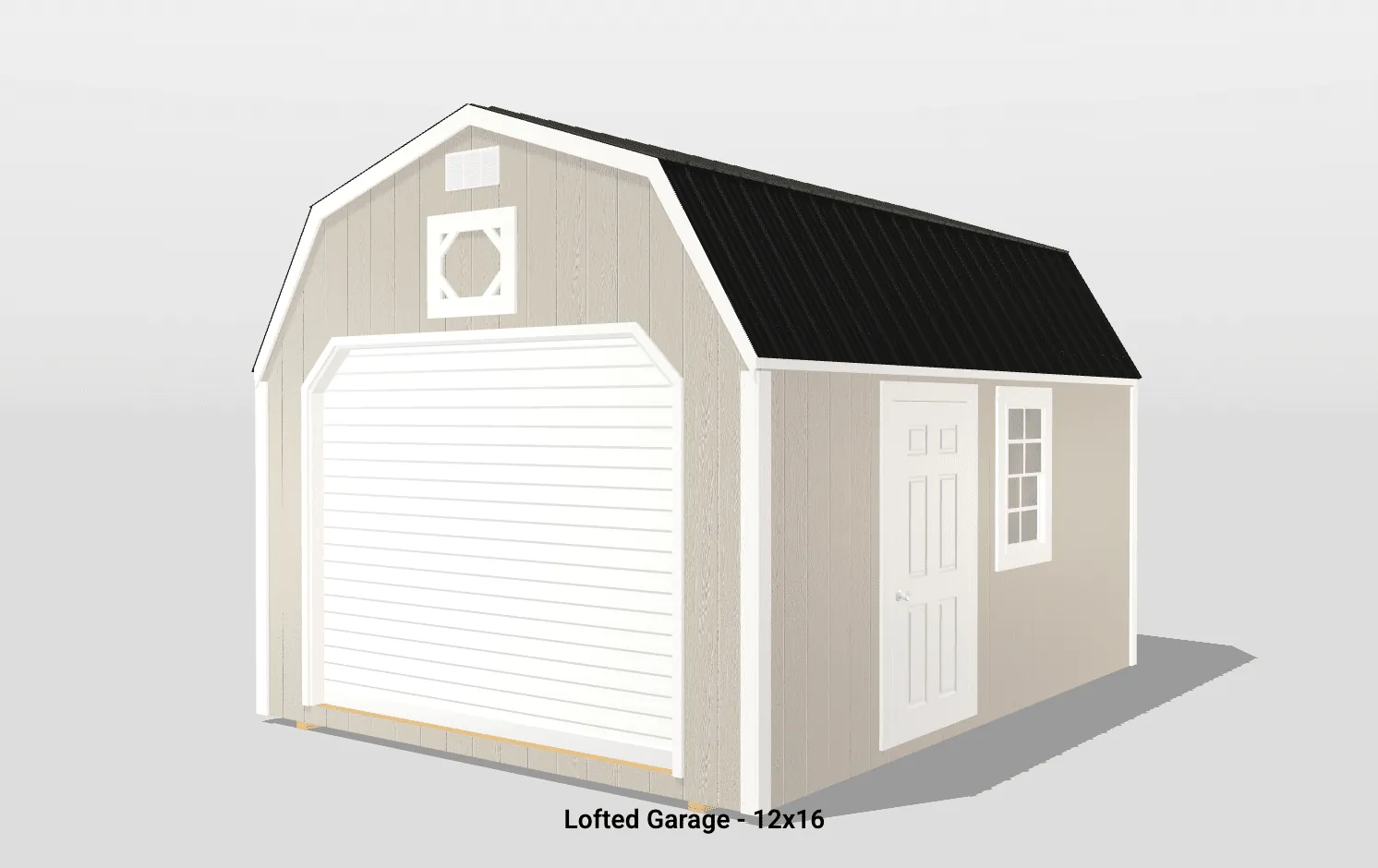 Lofted garage with black roof, size 12x16.