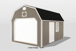Lofted garage with white door and window.