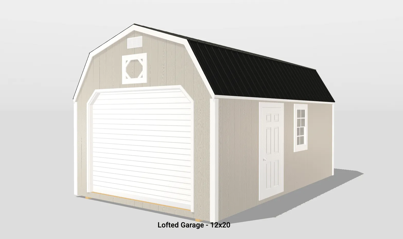 12x20 lofted garage with white door and windows.
