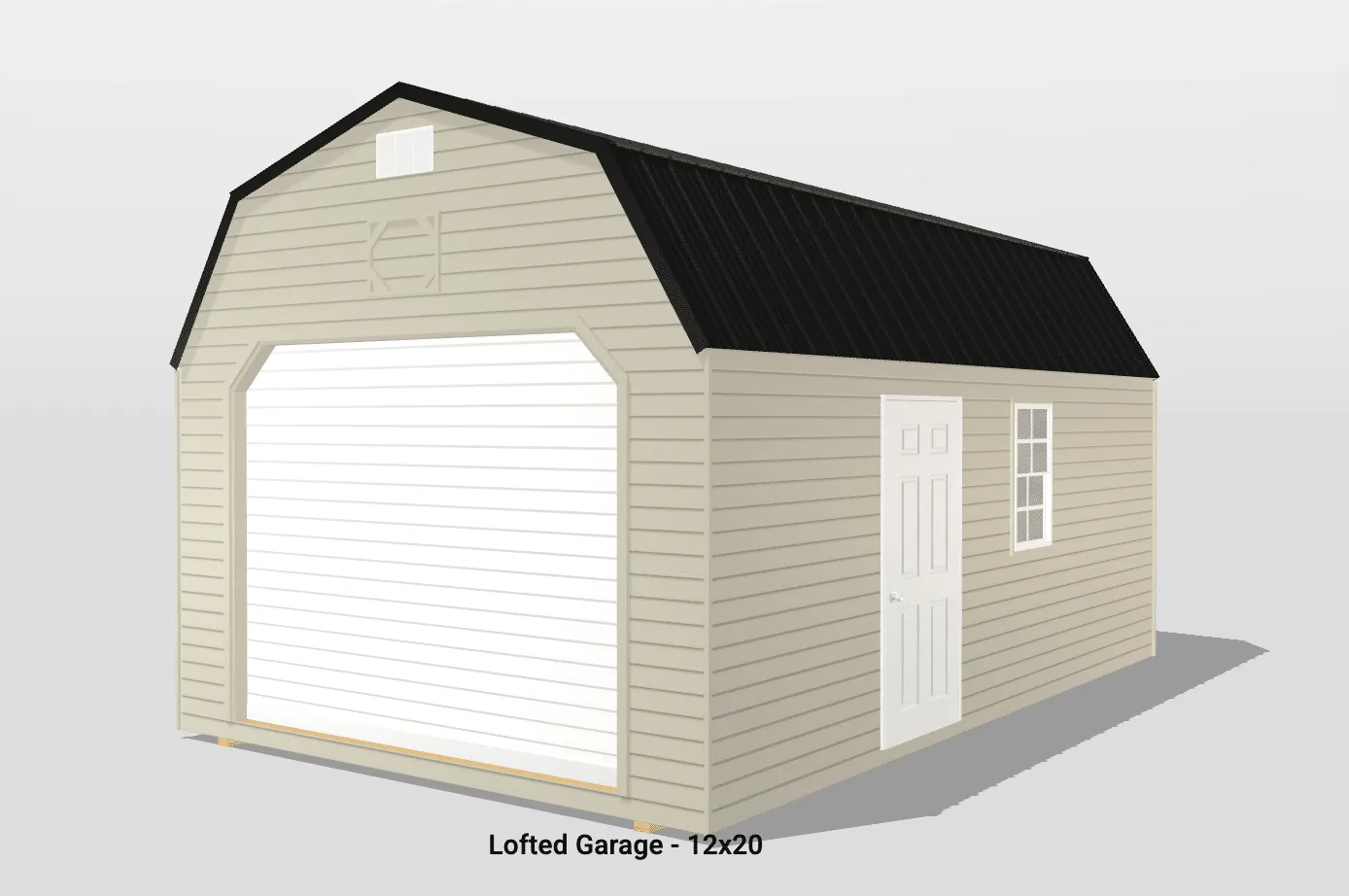Lofted garage 12x20 with black roof and door.