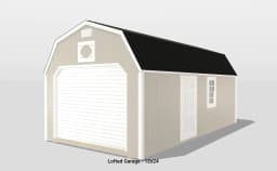 Beige lofted garage with black roof, 12x24 size.