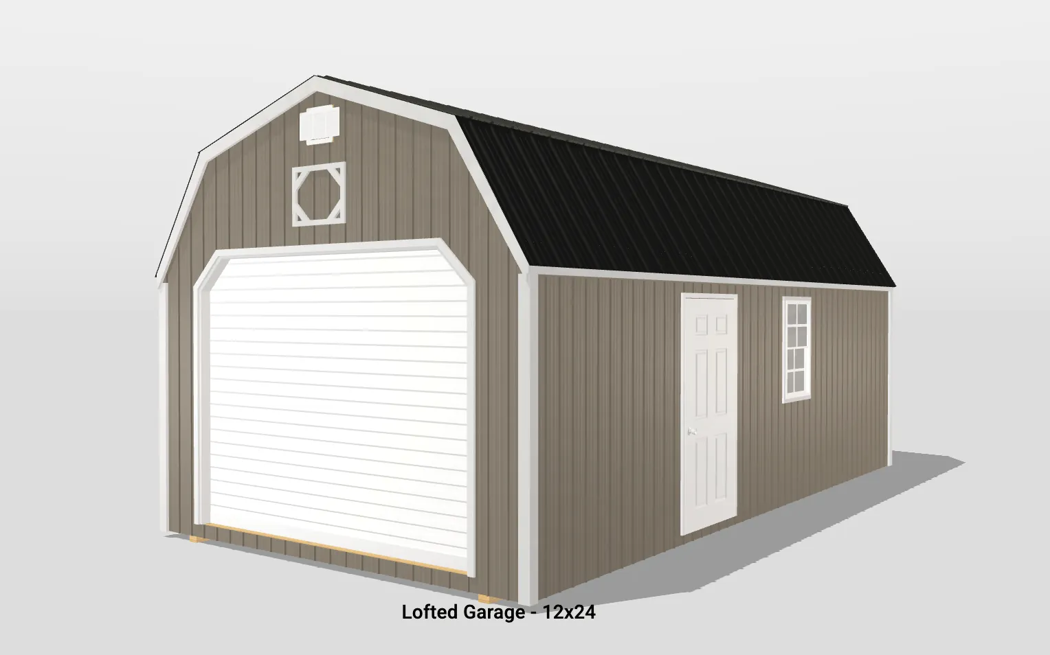Lofted garage with black roof, two doors.