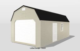 12x24 lofted garage with beige siding and door.