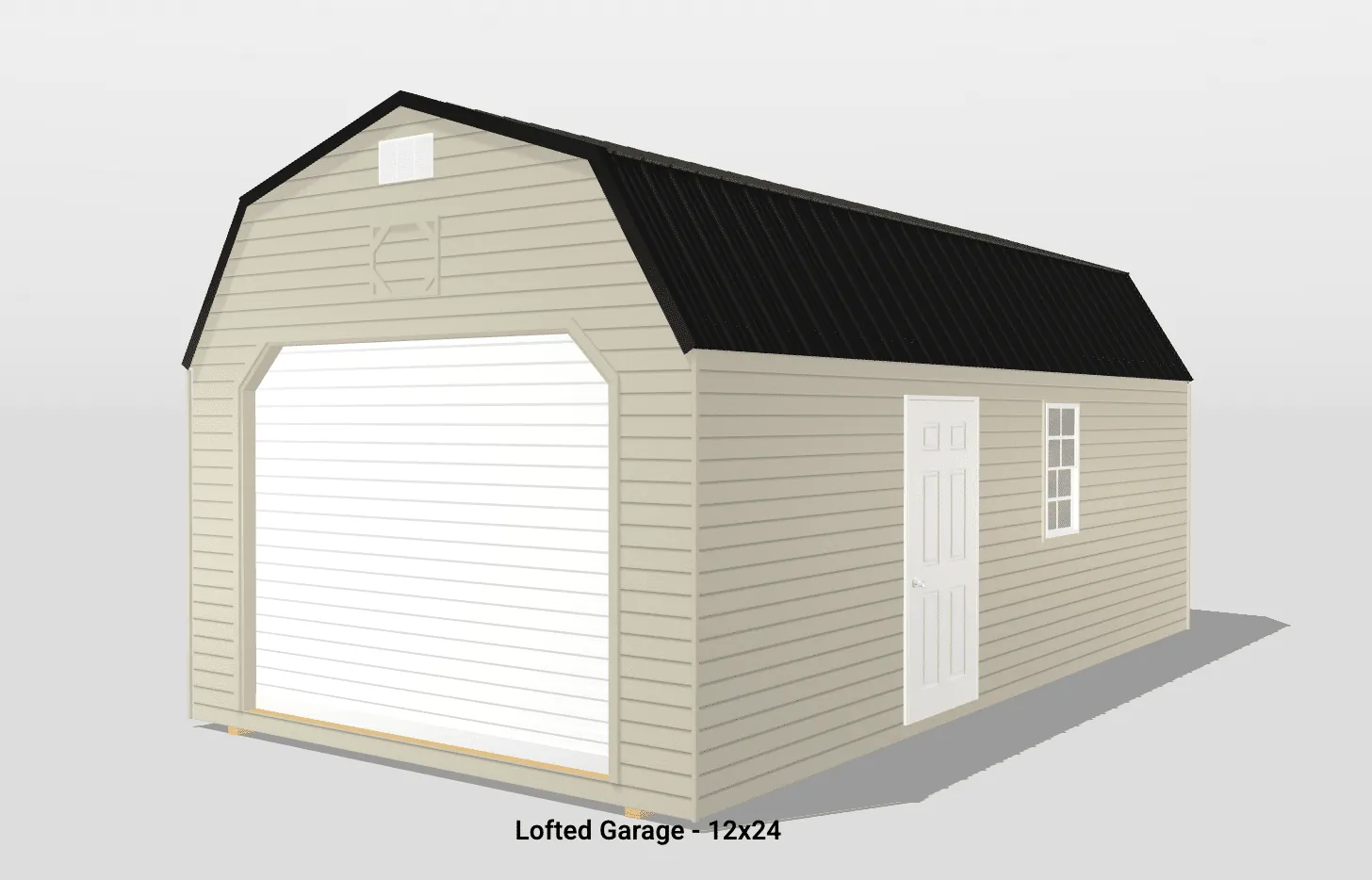 12x24 lofted garage with beige siding and door.