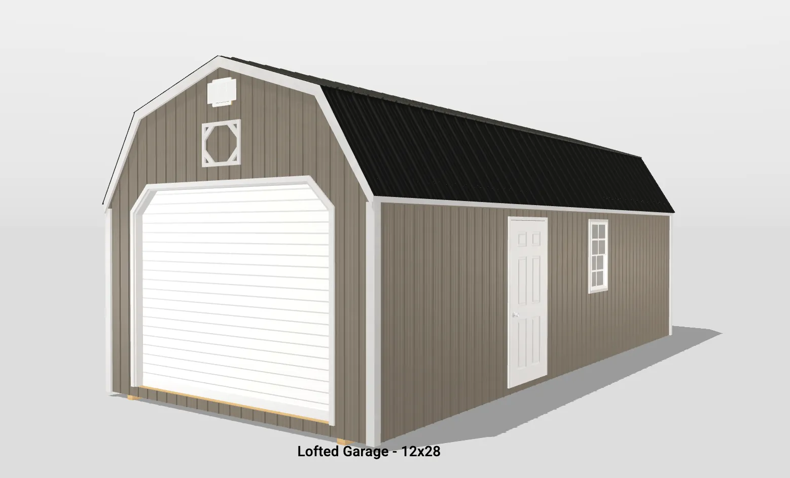 Lofted garage with side door and window